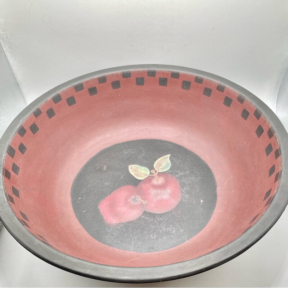 Hearthside Collection Decorative Bowl/HandPainted Apples & Checkerboard Trim 12”